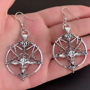 Pentagram Goat Head Hoop Earrings - Silver